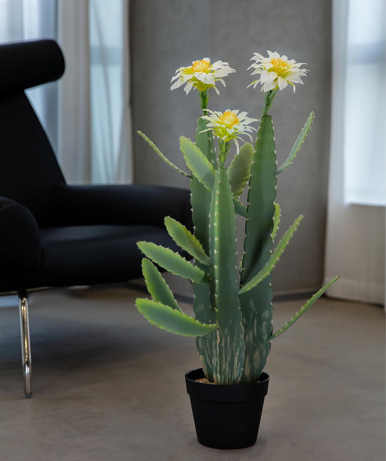 33 Inch Large Artificial Cactus with Lilly White Flowers in Pot with Natural Gravel. Satin Finish Leaves with Real Look and Feel. Outdoor and Indoor Faux Plants.