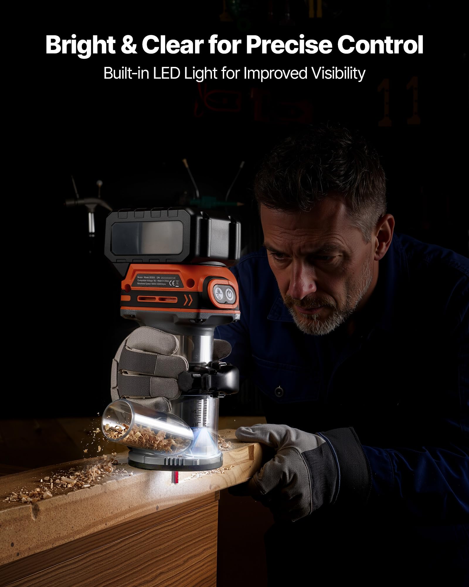 VEVOR Fresadora de Madera Inalámbrica 18 V sin Escobillas, Rebajadora Eléctrica de 6 Velocidades Variables, con Base Fija y Pinza de 6,35 mm, para Perfilar Bordes, Carpintería, Batería No Incluida
