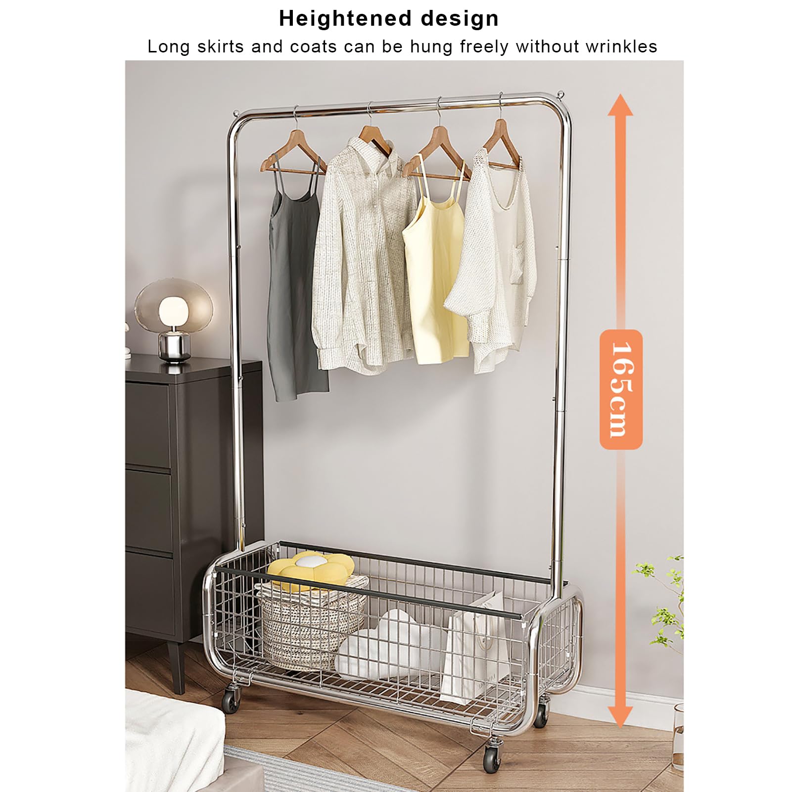 Appendiabiti in metallo con ruote, cesto portaoggetti in lino, supporto regolabile da appendere per armadio della camera da letto (60 x 37 x 165 cm) – soluzione elegante e funzionale per il guardaroba