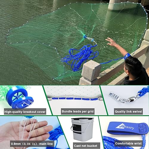 Miniatura 4 de Drasry Red de Lanzar de Pesca Americana de Agua Salada Tamaño de Malla de 3/8 Pulgadas para Cebo Trampa de Camarones Peces Plomos de Servicio Pesado