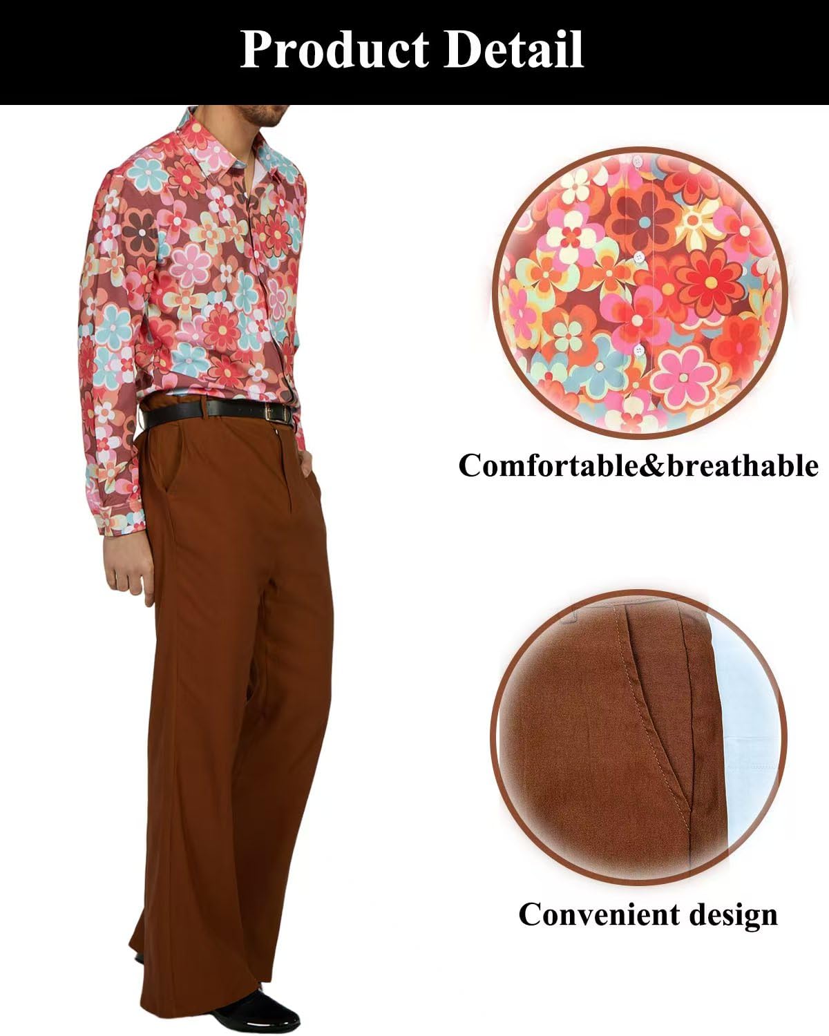 Conjunto de disfraz de discoteca de los años 70, hippie, con pantalones acampanados, camisa para cosplay de los años 50, 60, 70, fiesta de Halloween