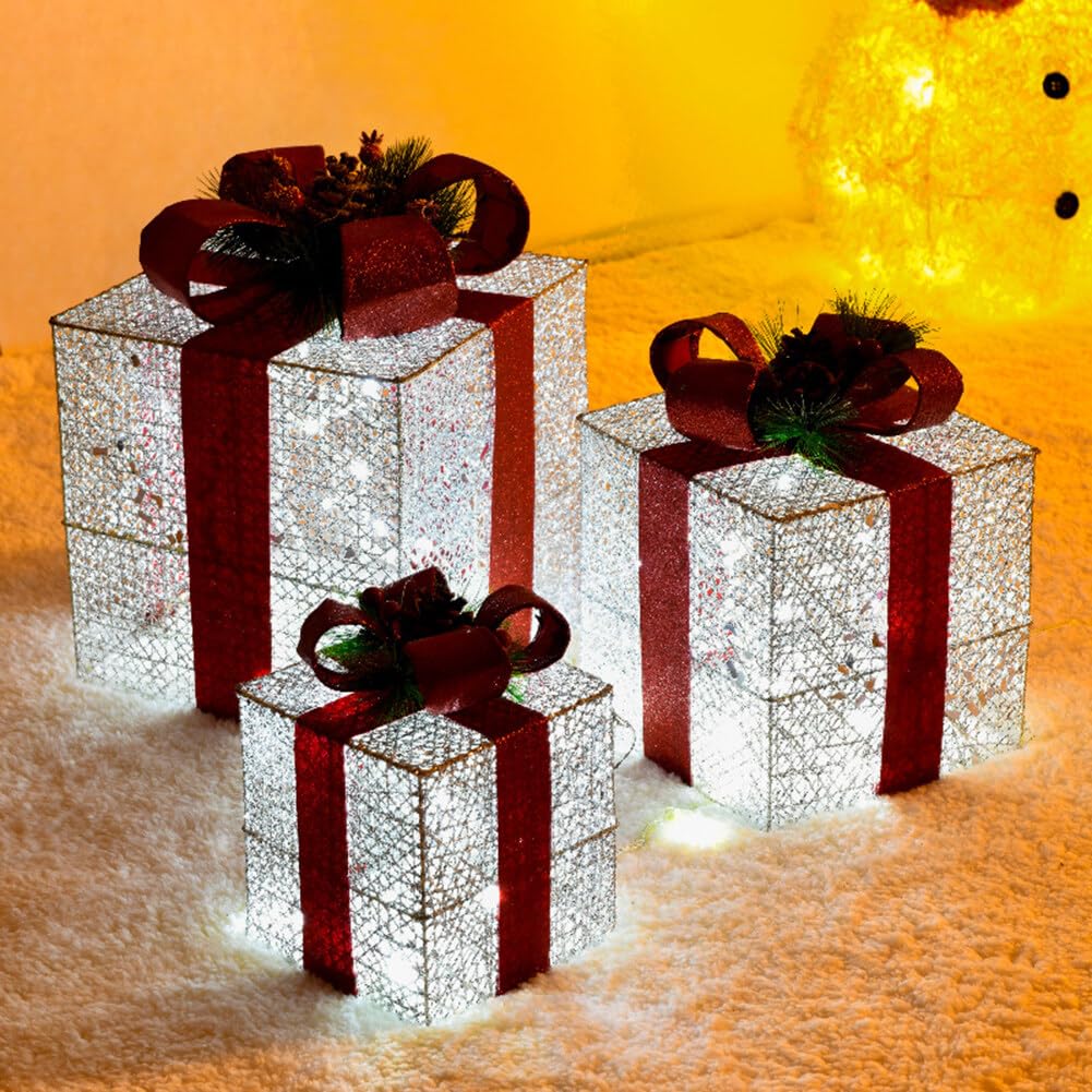 Scatole regalo natalizie illuminate, decorazioni con fiocchi di neve, scatola regalo con fiocco, scatola regalo con stringa per lampada, ornamento per albero di Natale, decorazione per interni ed