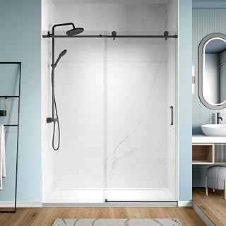 Frameless Sliding Glass Shower Door: 56-60 in. W x 76 in. H, 1/4'' (6mm) SGCC Clear Tempered Glass with Explosion-Proof Film Soft-Close Mechanism for Walk-in Shower (Matte Black)