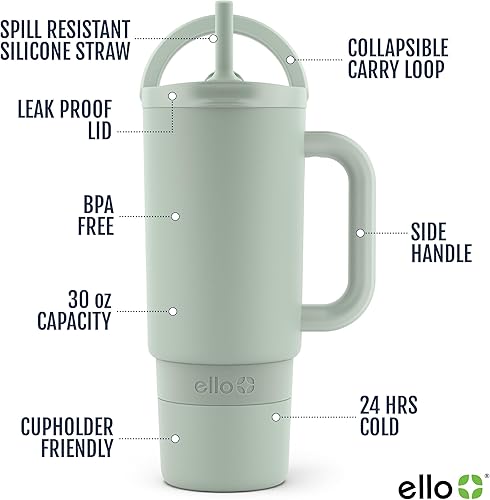 Miniatura 3 de Ello Port Taza de 30 onzas con asa de transporte y mango integrado  Botella de agua reutilizable de acero inoxidable con aislamiento al vacío para