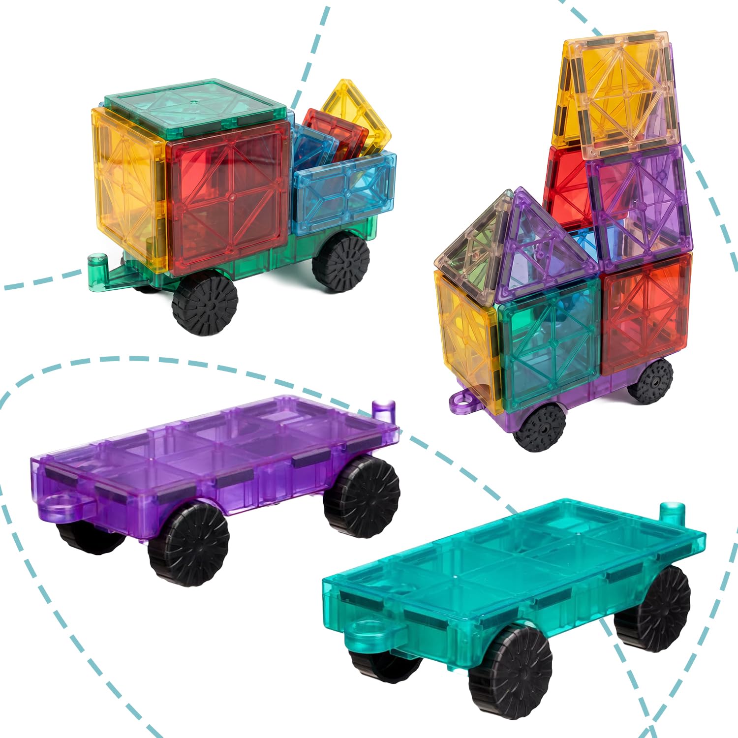 Amazon Brand - Jam & Honey Magnetic Tiles for Kids | 2-Cart Magnetic Set | Magnetic Building Blocks with Cart Pieces | BPA-Free ABS | Ages 3+ | Multicolour-image-49