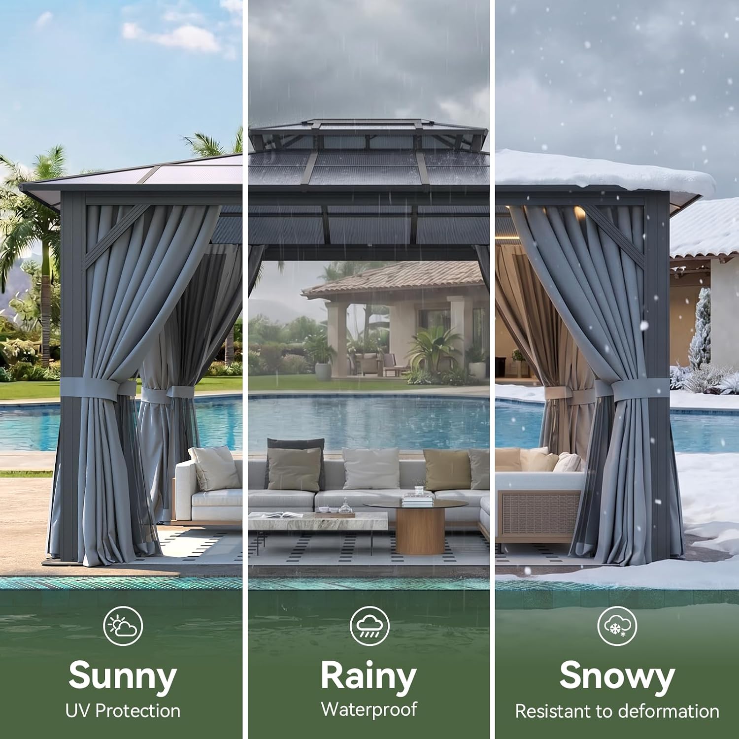 10’x14’ Hardtop Gazebo with Double Polycarbonate Roof Outdoor Metal Gazebo Sturdy Aluminum Frame & Removable Curtains, Netting Permanent Pavilion Pergola for Garden,Patio,Lawn (Gray)