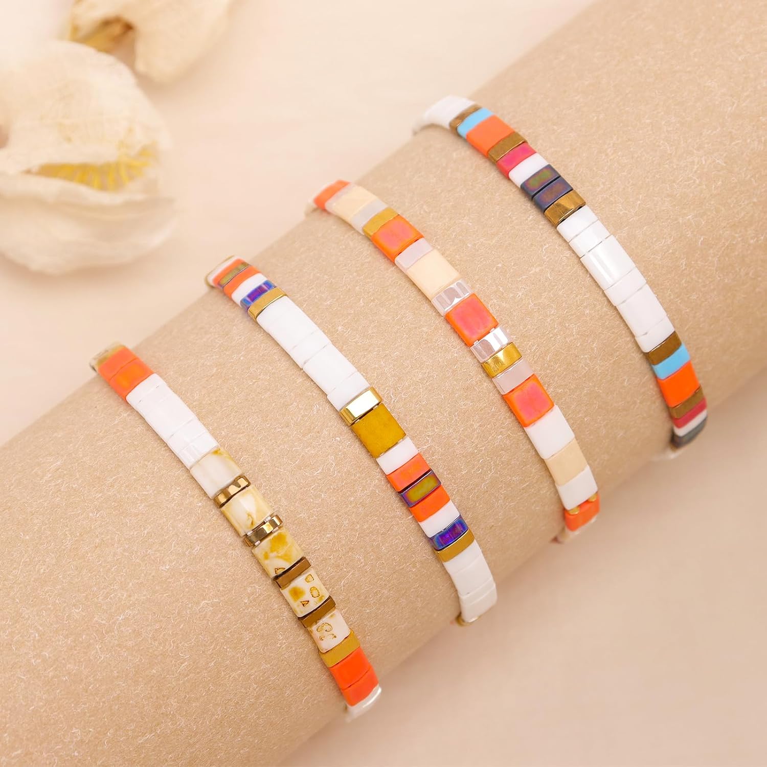 Tila Flat Beaded Bracelets Set for Women, 4Pcs Trendy Miyuki Glass Stack Beads Stretch Bracelet Outfit Accessories Jewelry Gift. - Image 7