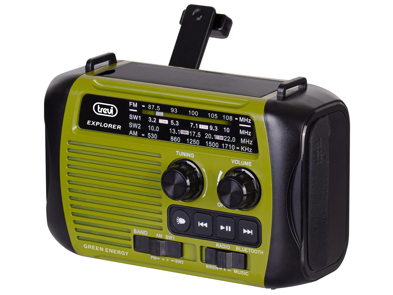Trevi RA 7F30 BT Radio portátil multibanda FM/Am/SW con Reproductor MP3 inalámbrico, función Power Bank y Linterna LED, Carga Solar, con Dinamo o USB-C, Ideal para emergencias, Camping, Viajes, Verde