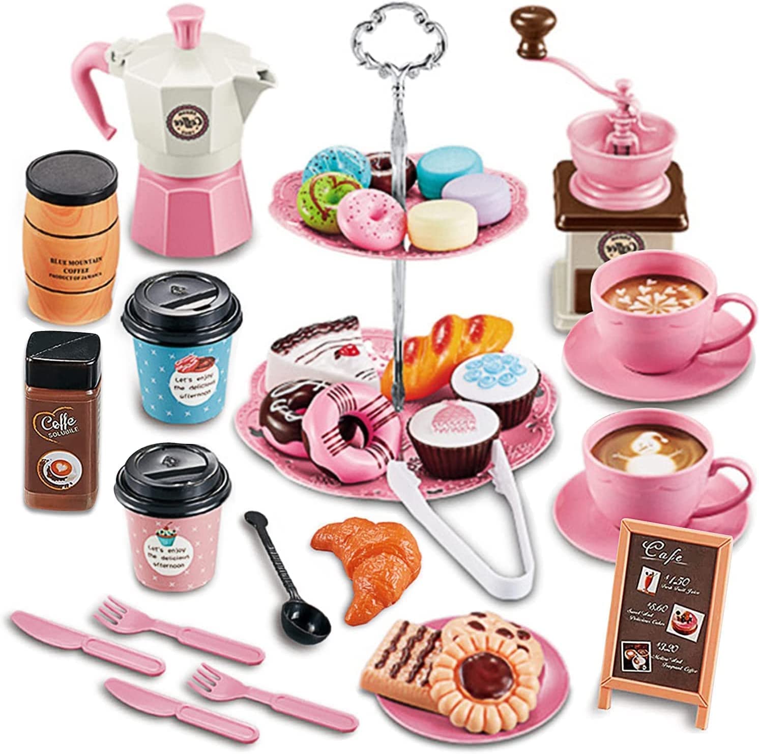 Yelajoy Pretend Afternoon Tea Party Set, 38 Pcs Play Food Playset Kitchen Toys Set Coffee Maker and Play Dessert Set for Kids, Toy Tea Set Including Cookies Macaroons Cupcakes for Girl Boy 3+ (pink)