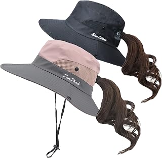 Womens Ponytail Sun Hats with UV Protection Wide Brim Mesh Ponytail Hole Bun Bucket Hat, Black+pink 2pcs, Medium