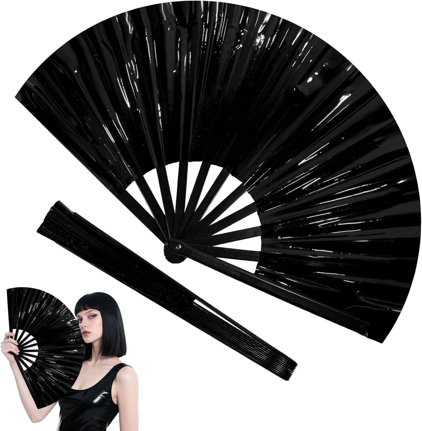 Simple polymer Unfolds 23*13 Inch Large Folding Hand Fans Handheld Fan Large Clack Hand Kung Fu Fan for Party, Music Festival, Club, Gift(Black)