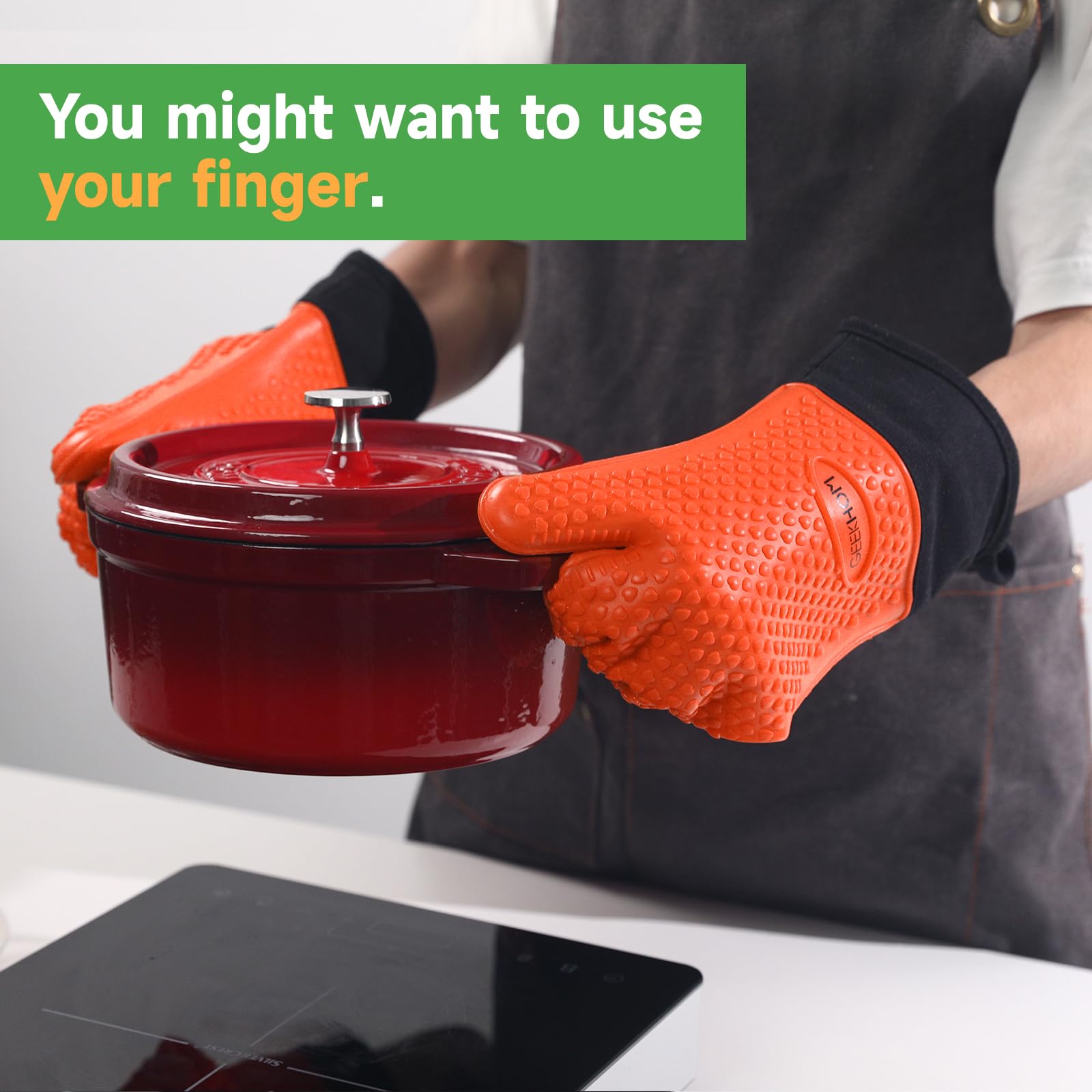 GEEKHOM Guantes Cocina, XL Guantes Horno, Manoplas para Barbacoa Asado BBQ, Resistentes al Calor hasta 230℃ con Silicona Antideslizantes Impermeable, 35.56cm Largo para Proteger El Antebrazo -Naranja