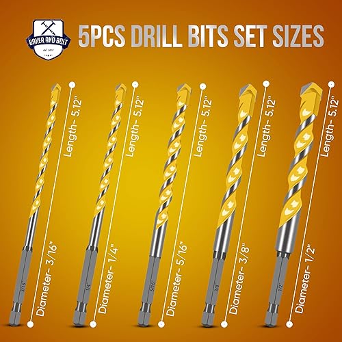 Miniatura 3 de Baker and Bolt Juego de brocas de mampostería juego de 5 brocas de hormigón para azulejos de cerámica madera de ladrillo cemento plástico listo para