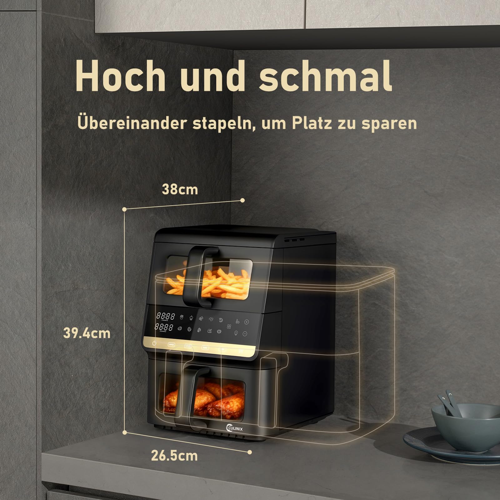 Doppelkammer Heißluftfritteuse 10L, 2500W, 2 Sichtfenster