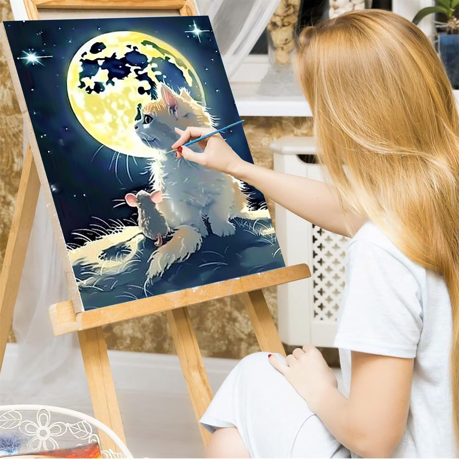 Peepezo Pintar por Numeros Adultos Niños, Gato DIY Pintura por Numeros Cuadros para Pintar por Numeros Luna 60x80cm Con Marco
