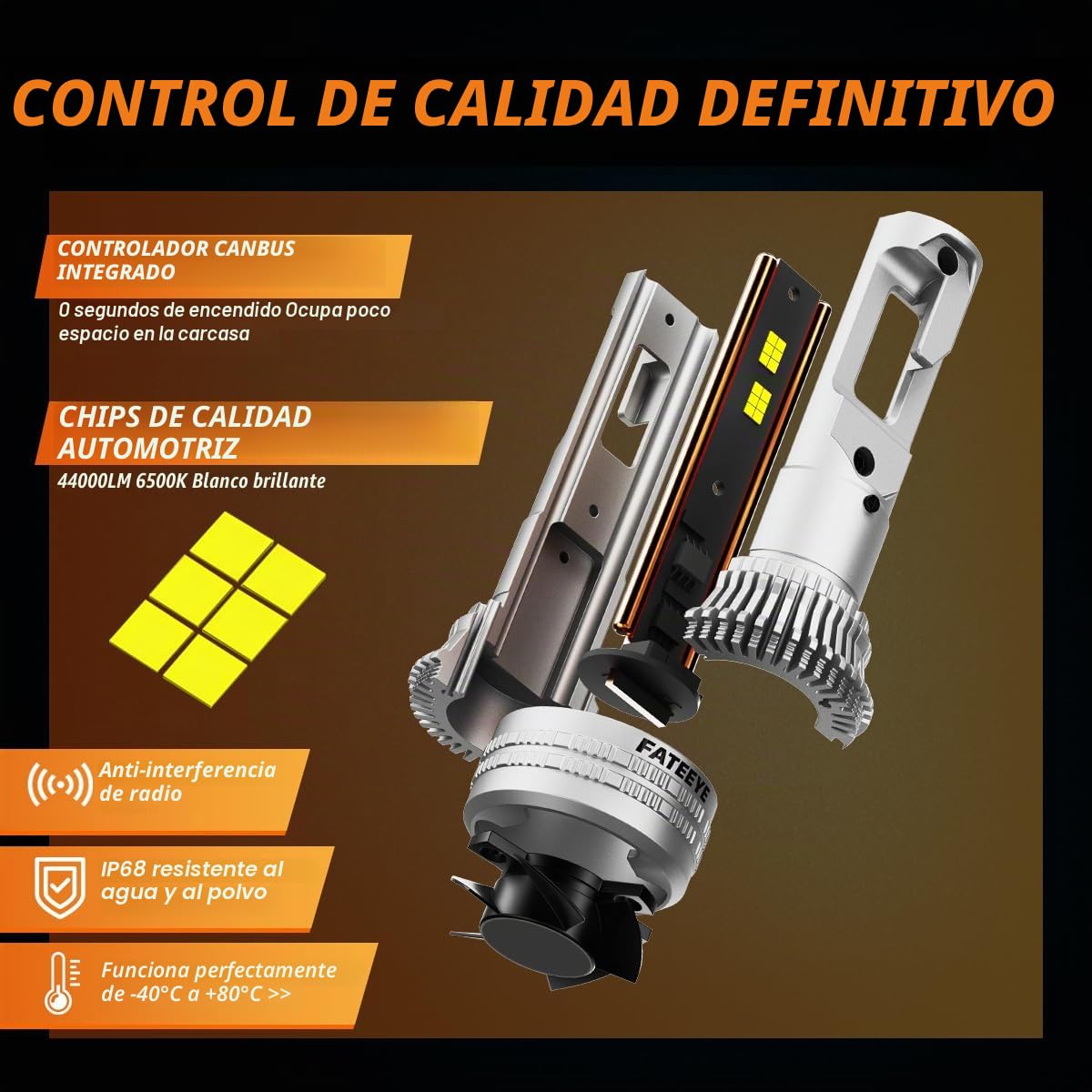 Bombillas H4 LED 44000LM, 200W, Pack de 2 | Blanco Frío 6500K, Plug & Play, 100000 Horas, IP68 Impermeable, 12000RPM, Ventilador de alta velocidad