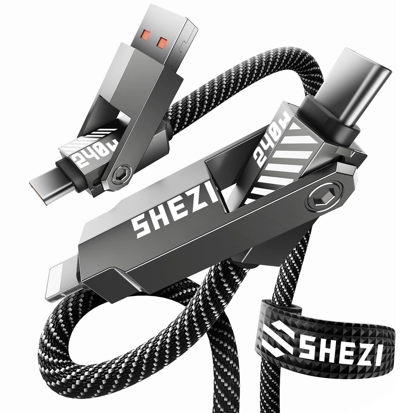 SHEZI Cavo Lightning USB C da 240 W, 4 in 1 in nylon intrecciato per ricarica rapida iPhone iPad [sincronizzazione dati 480 Mbps), cavo di ricarica multi per iPhone 16/Pro/Plus/Pro Max, grigio