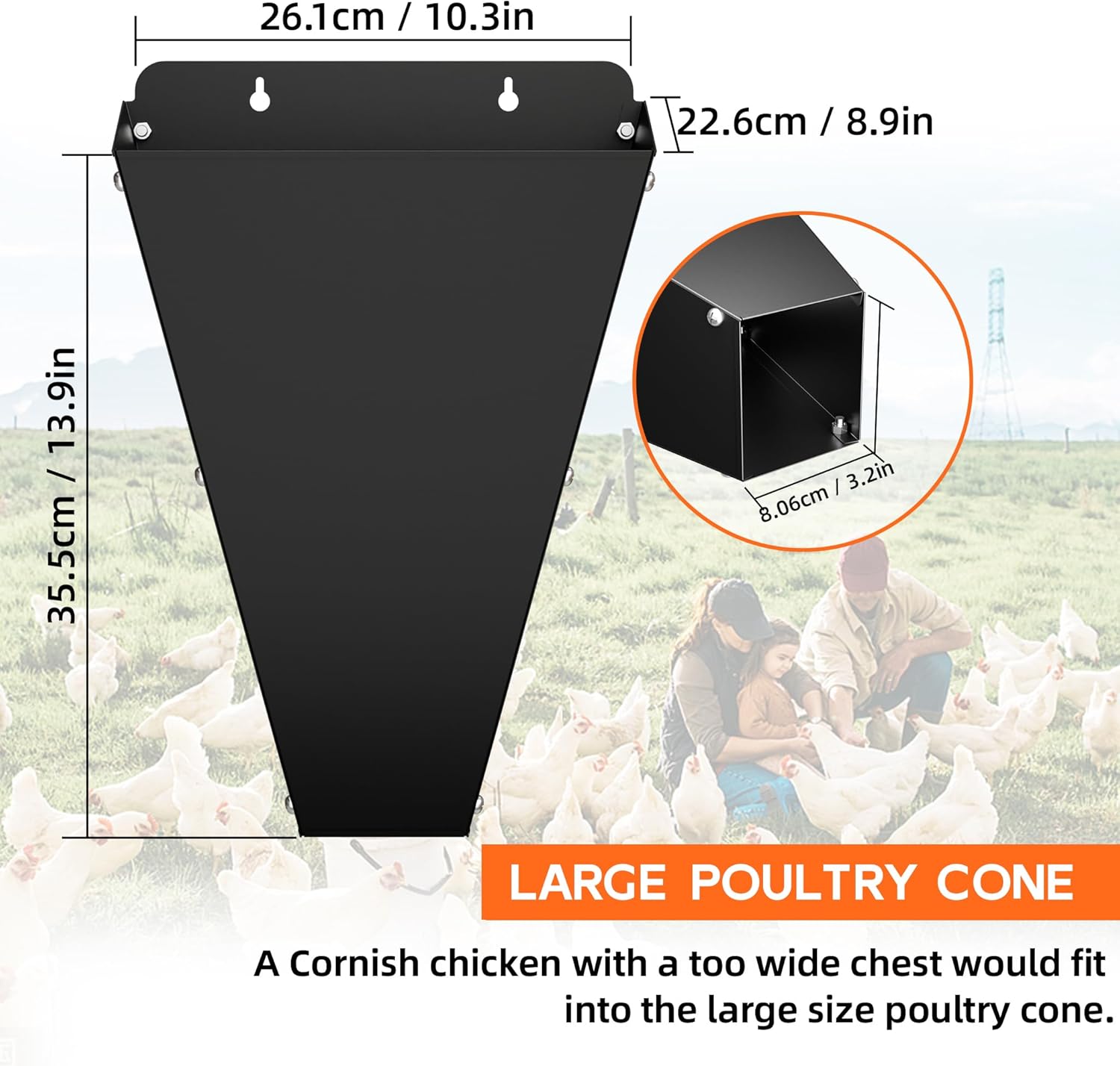 Large Size Chicken Restraining Cone, Heavy Duty Metal Poultry Cone with Flat Back Design, Chicken Processing Equipment for Cornish Cross, Turkey, Ducks and Geese up to 18 lbs