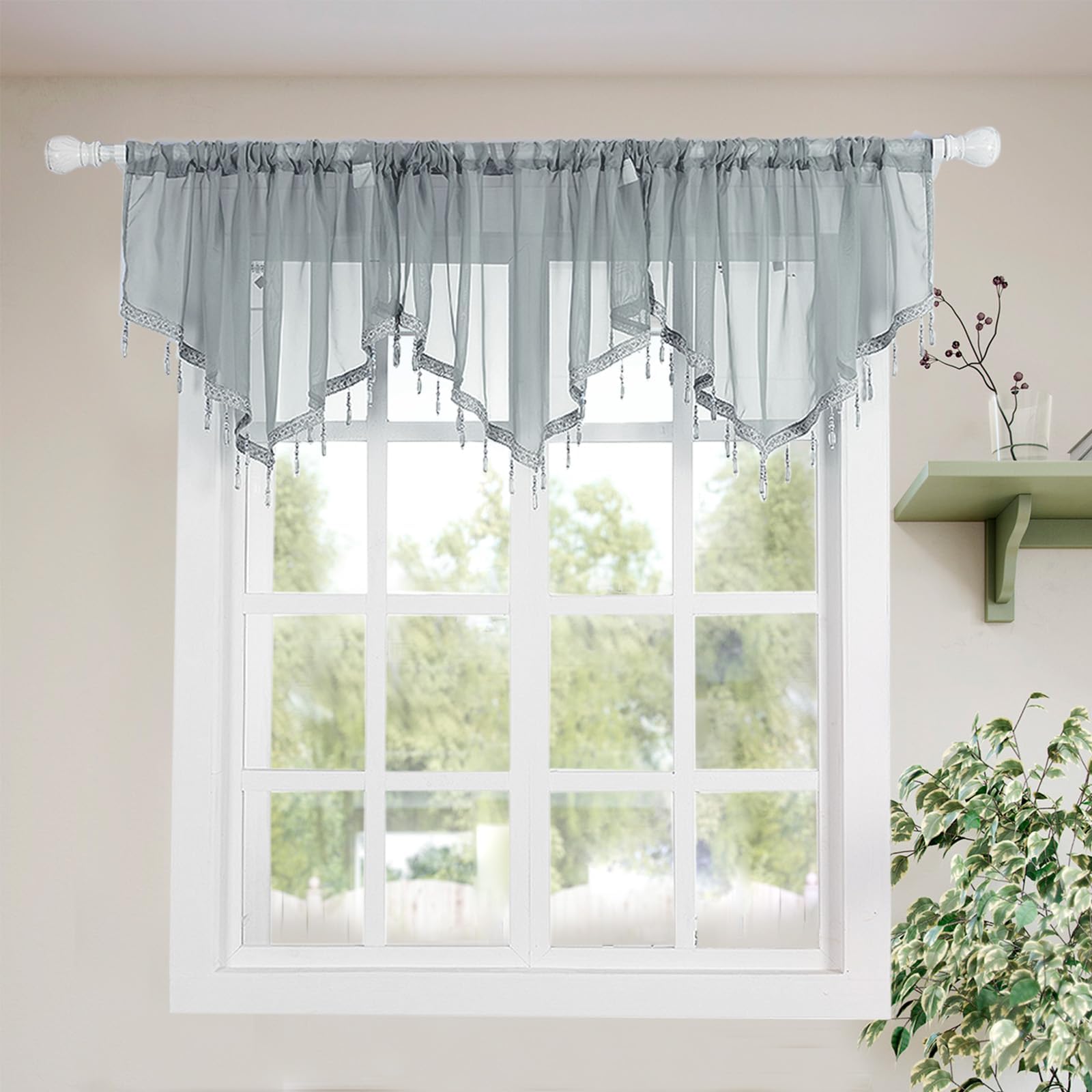 Molaxhome Lace Valance Swag Curtain 51 Inch Scalloped Sheer Curtain Panels with Crystal Beads - Rod Pocket Farmhouse Window Treatment for Kitchen Bedroom 1pc Boho Chic Drape Decor grey — image 1