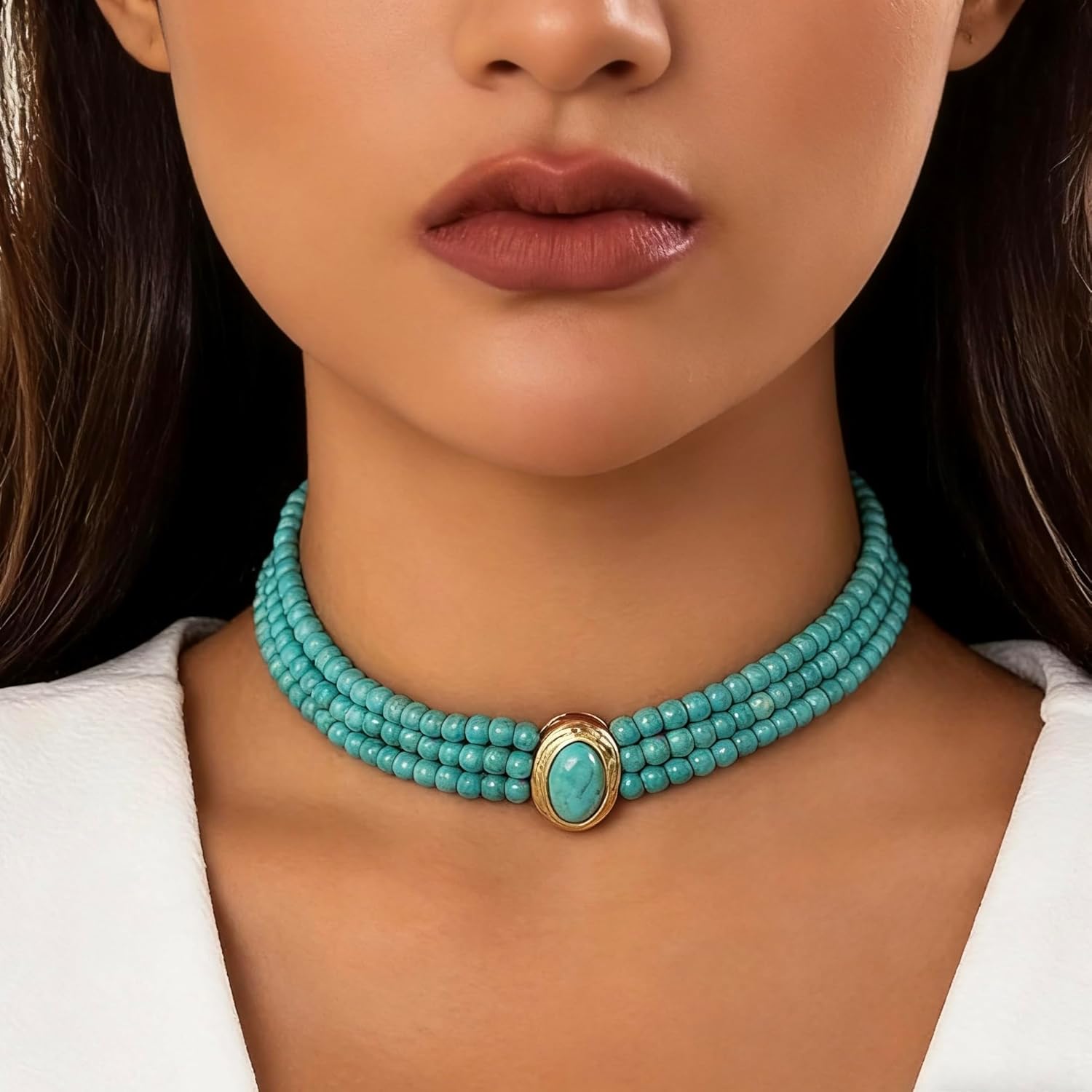 SukAmi Turquoise Choker Necklace Women 3 Layers Necklace Multi Strands Necklace 20s Turquoise Bib Pendant Necklace Choker Party Jewelry Christmas Gift 35+7cm - Image 2