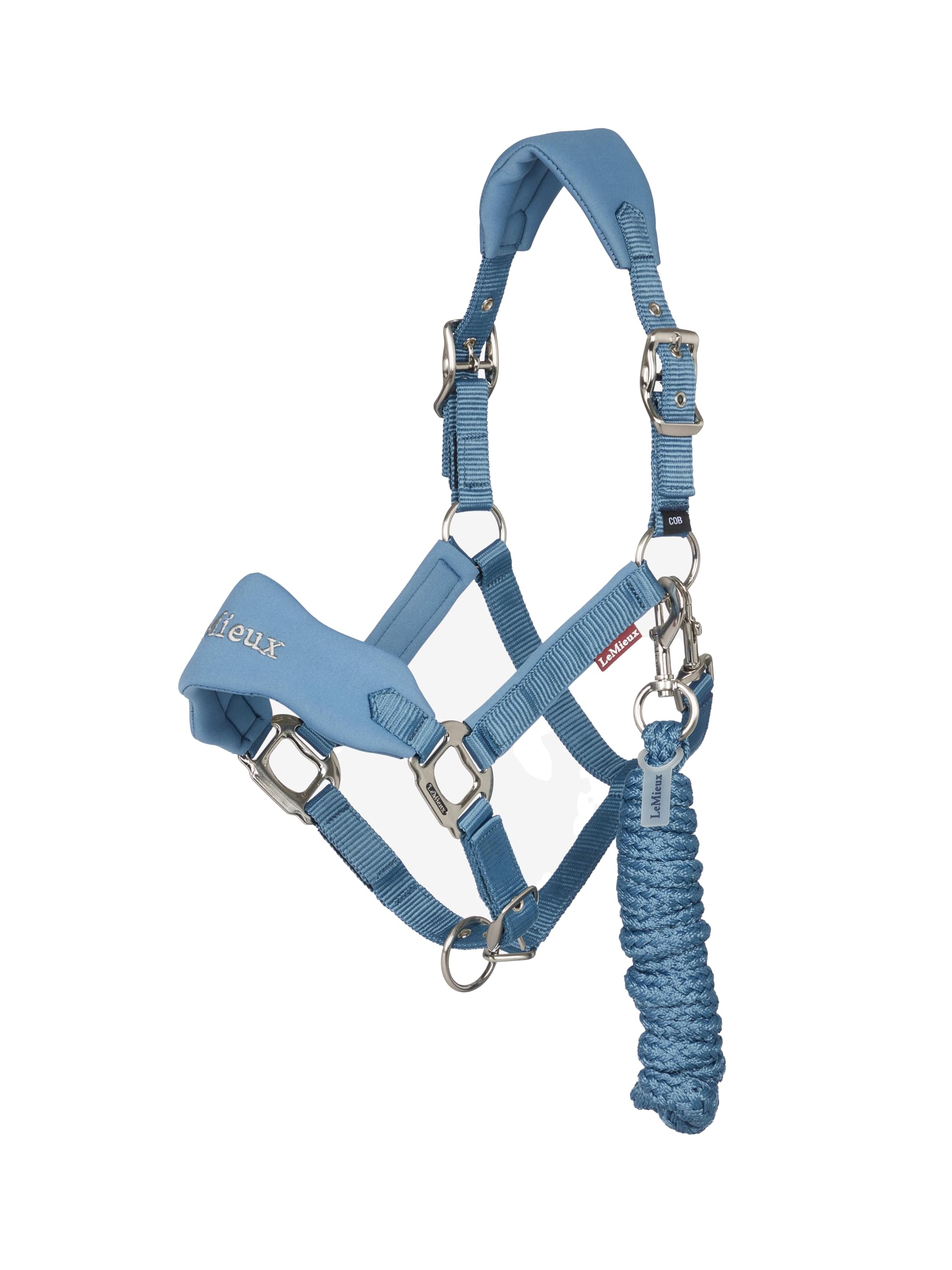 LeMieux Breakaway Vogue Headcollar & Leadrope - Hook & Loop Breakaway on Headpiece & Noseband - Neoprene Padding - Ice Blue - Mini