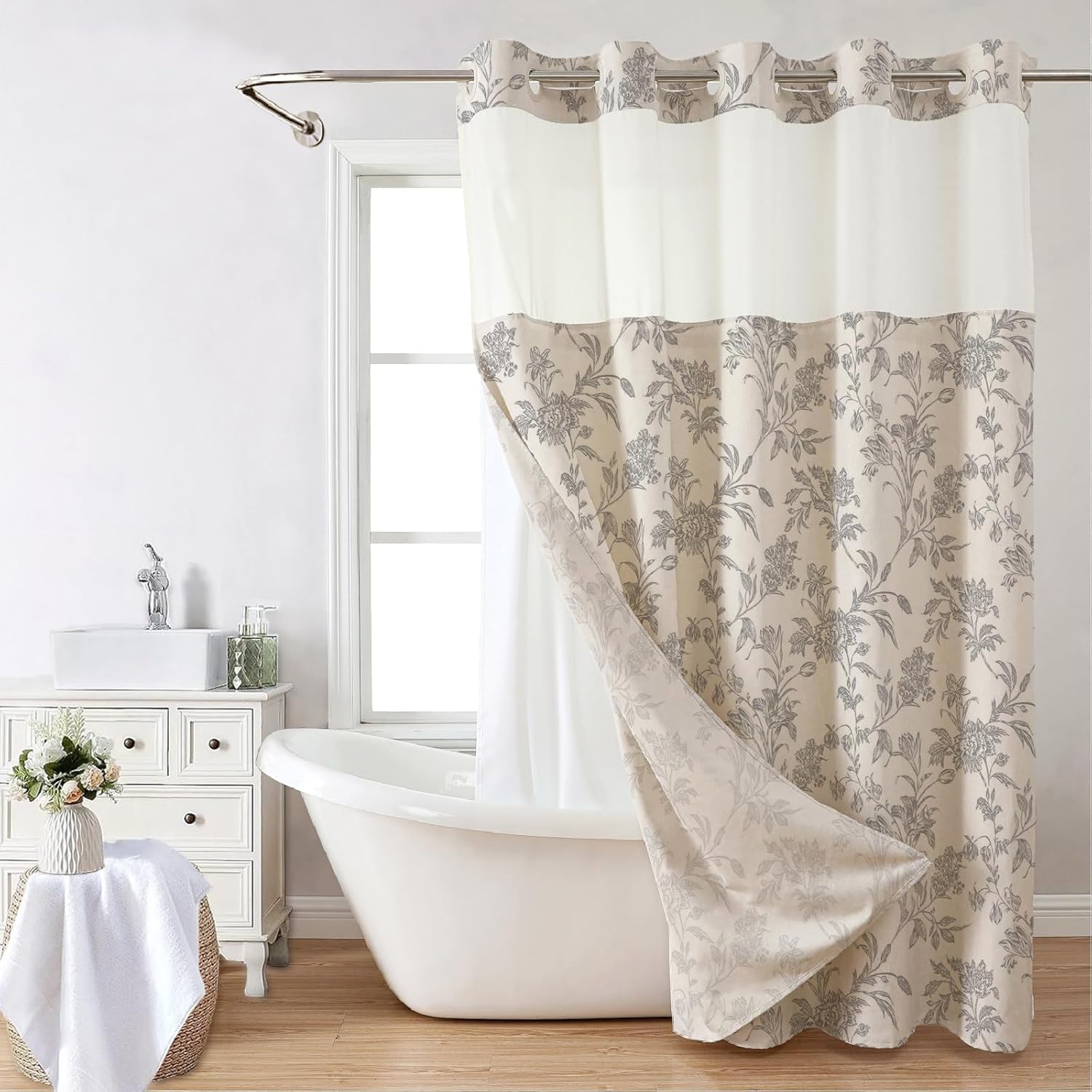 No Hook Shower Curtain with Snap in Liner Gray Floral Cotton Linen Cottagecore Shower Curtain for Bathroom 72" W x 75" L
