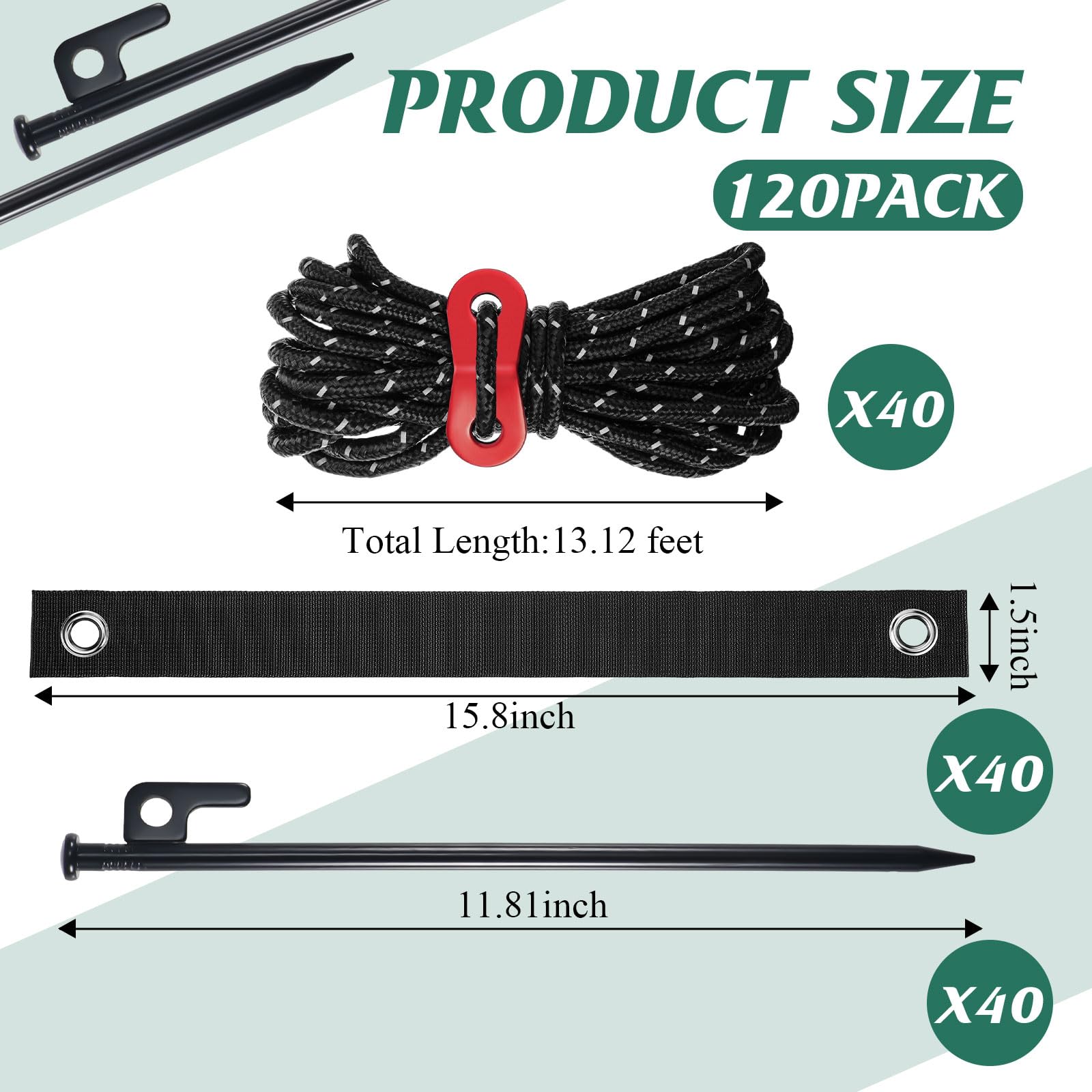 Suzile 120 Stück Baumpfähle und Stützen, robustes Baumpfahl-Set für junge Bäume, anlehnende Baumanker, Richtungs-Set enthält 30 cm Stahlpfähle, 40 cm Stützgurte, 4 m Seile (schwarz)