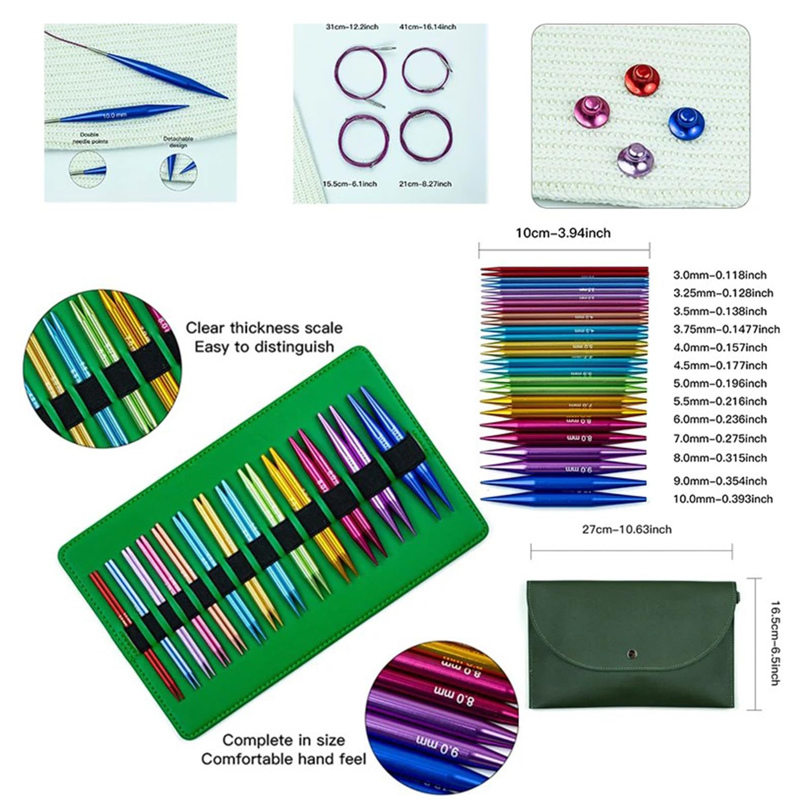 13 Paar austauschbare Rundstricknadeln mit Aufbewahrungstasche Häkeln, 3, 0–10 mm Aluminium Pullovernadel, Aluminium Stricksonden
