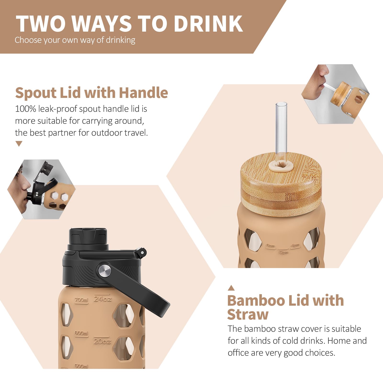 HYDRAGLAZIC 700ML Glass Water Bottle with 2 Flip and Bamboo Straw Lids Sports Water Tumbler with Time Reminder and Silicone Sleeve Leak-proof BPA Free - Image 2