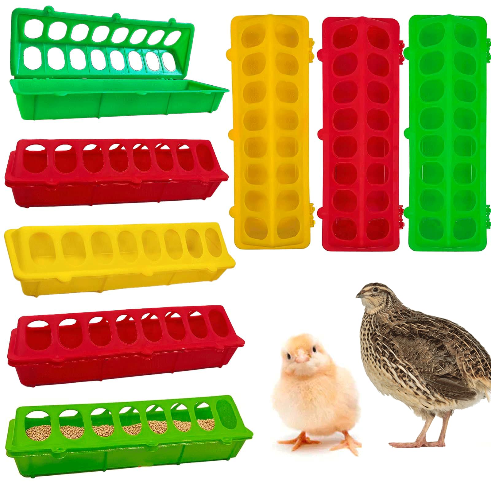Confezione da 8 mangiatoie in plastica per polli, mangiatoie per polli, mangiatoie per pollame, con foro, strumento per mangiatoia per pollame, uccelli, piccioni, anatre, distributore di cibo per