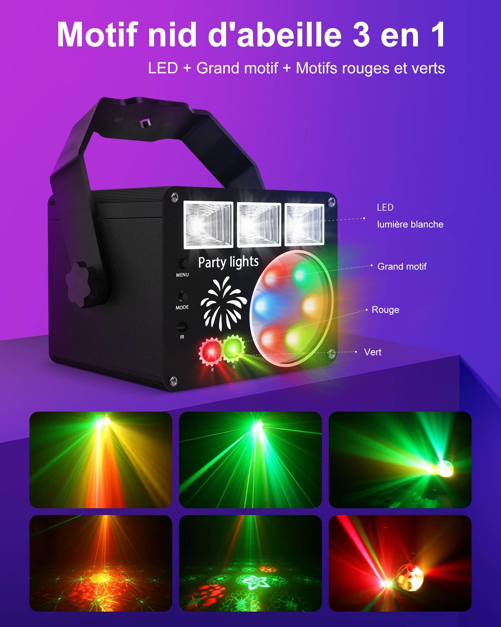 Jeux de Lumiere pour Soiree, Jeu de Lumiere Disco Contrôlée par Musique, Jeu de Lumiere Soiree DJ avec Télécommande, Lampe de Scène avec Câble USB pour Halloween, Fête, Noël