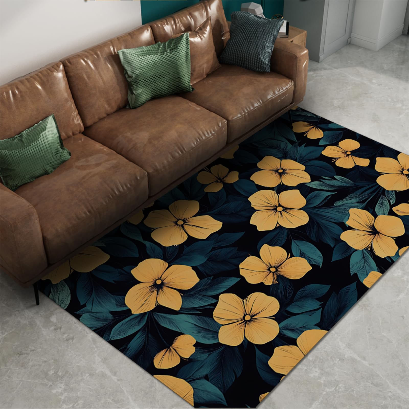 Tapis de chambre floral rétro jaune et bleu poil ras 180x240cm