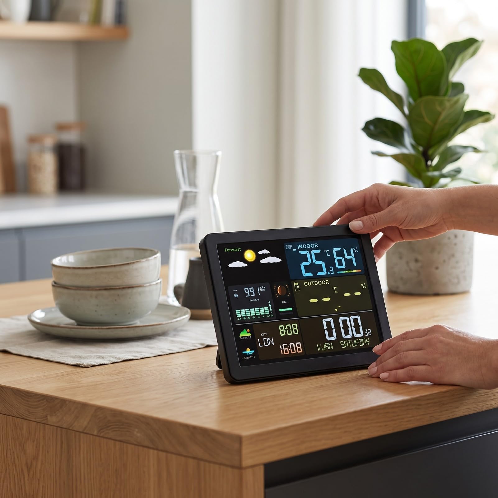 Sxhlseller Wetterstation mit Funk Außensensor, Innen Außenthermometer Hygrometer, Luftdruck Mondphase Gezeitendaten Dual Alarm 12 24 Std for Zuhause Büro