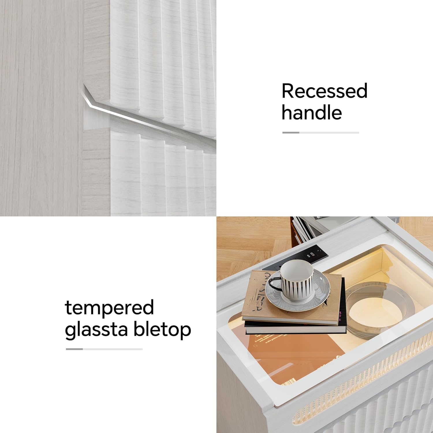 NightStand Set of 2 with Charging Station,with LED Lights and Tempered Glass Panel,Modern Bedside Tablewith 2 Fluted Drawers and One Glass Drawer,Hidden Handles End Table,Bedroom of Nightstand(White)