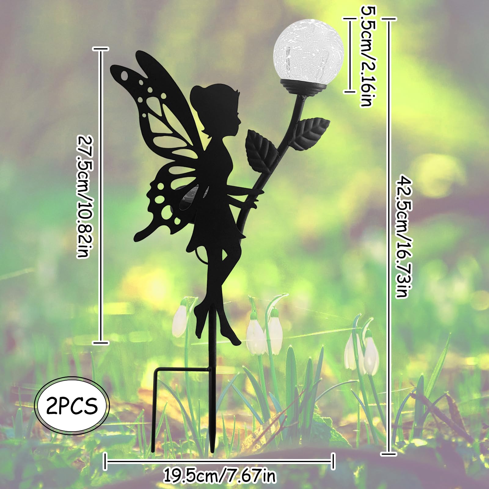2 Stück Solarleuchten Garten im Freien, Solarlampen für Außen, Elfe/Blumenfee Wasserdichte Solarleuchte, LED Glaskugel Gartenleuchte, Metall Blumenfee Terrasse Gartendeko