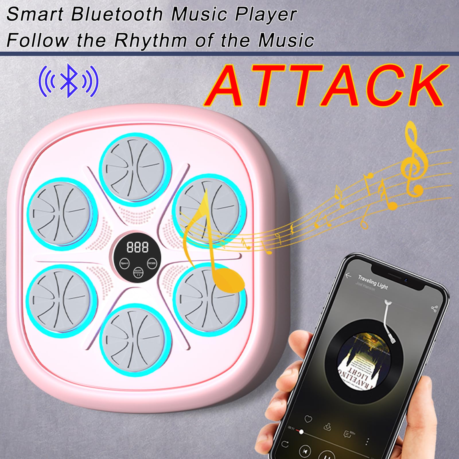 Muzyczna maszyna bokserska dla dorosłych i dzieci, montowany na ścianie cel bokserski, inteligentny odtwarzacz muzyczny Bluetooth, do użytku w pomieszczeniach, siłowni, sali bokserskiej,Różowy