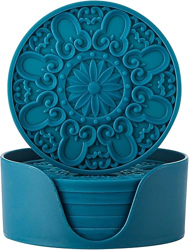 Miniatura 17 de Colinda Juego de 6 posavasos de silicona con soporte, alfombrillas antideslizantes para bebidas frías y calientes, diseños decorativos, embalaje