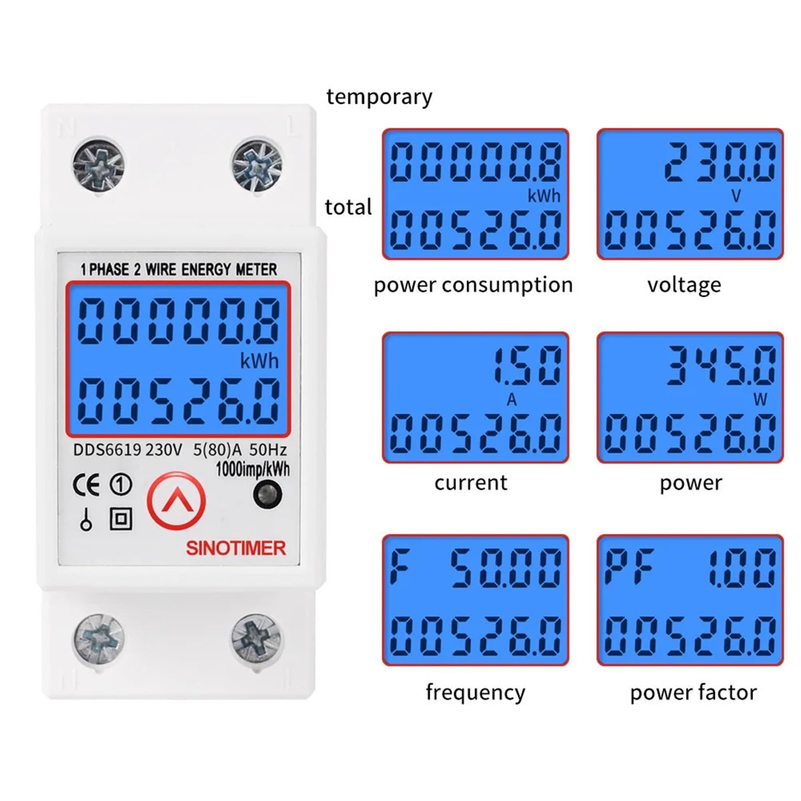 DDS6619-526L Electric Energy Meter Reset Backlight Display Single-Phase Rail Multi-Fun Energy Meter Microelectronic Multimeter(230V)