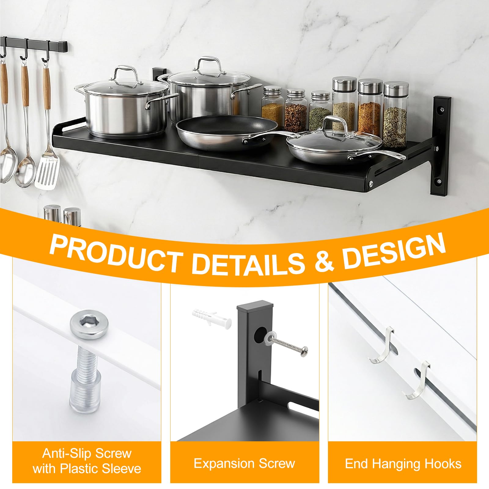 ABCOOL Estante de montaje en pared expandible para microondas, cocina, hogar, soporte desmontable ajustable a presión con 4 ganchos