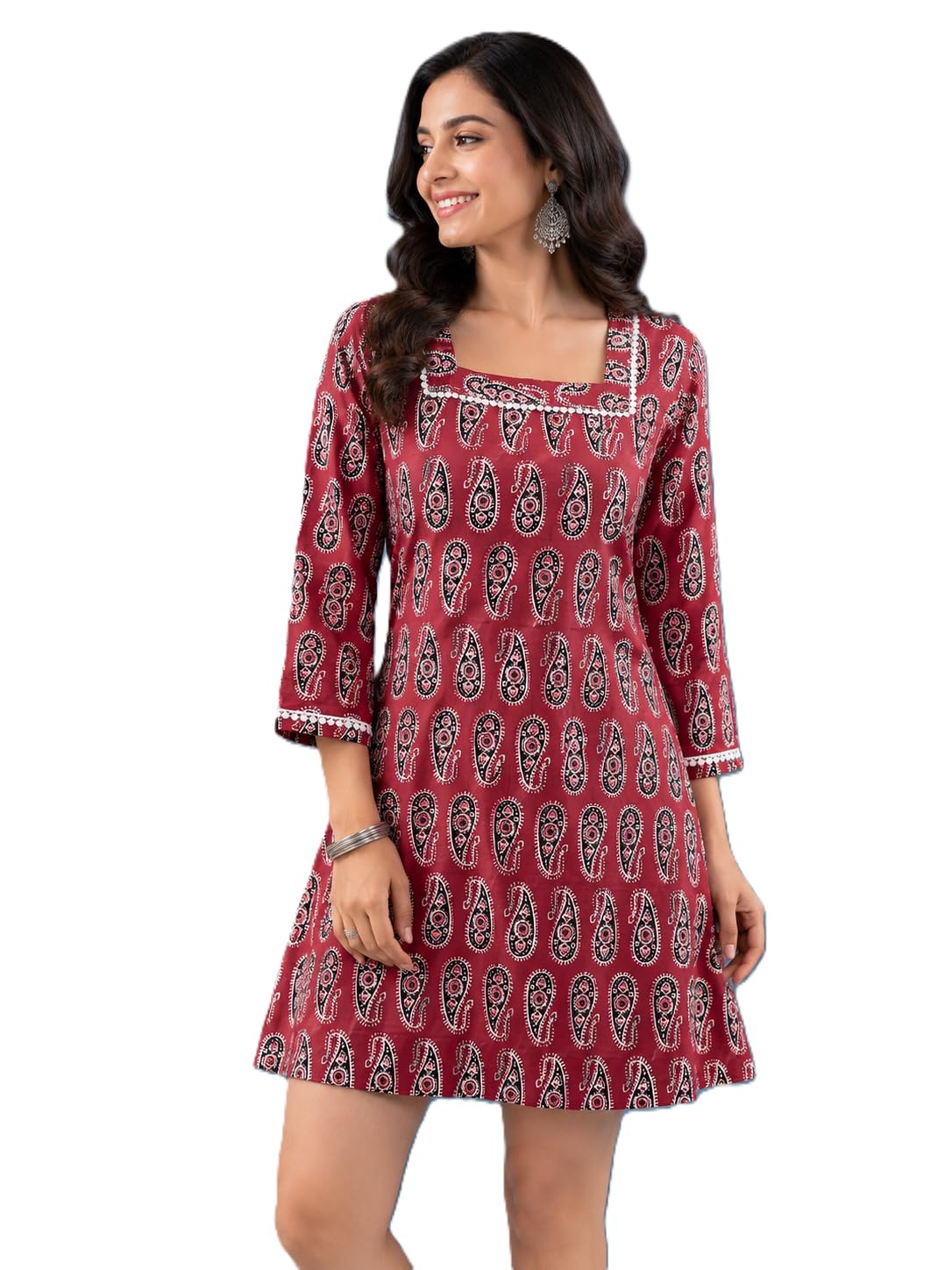 Square Neck 3/4 Sleeve Indo-Western Pure Cotton Tunic Top Kurti with Back Corset Dori Tie-Up & Lace Trim Borders-image-22