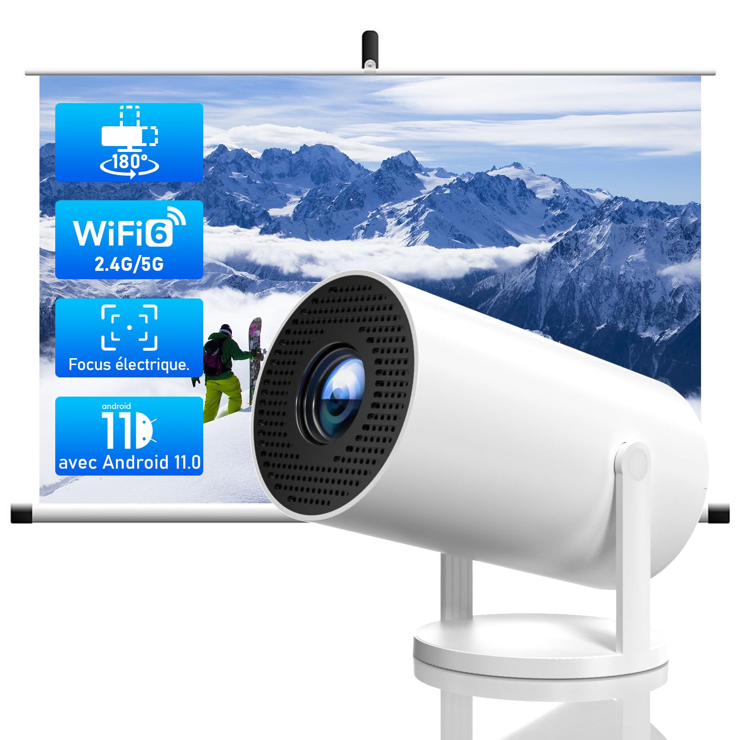 Mini projecteur portable Android 11 4K Ultra HD Smart 150" 5G WiFi6 BT5.4 rotatif 180° projecteur de film extérieur
