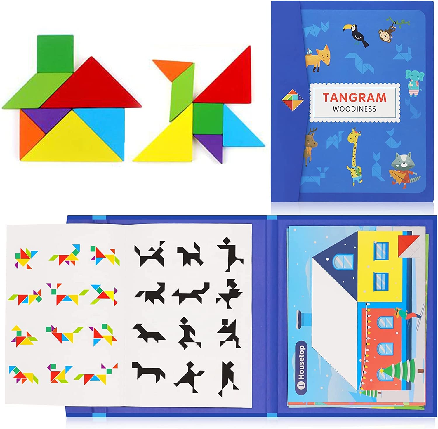 NIWWIN Magnetyczny tangram z drewna, gra logiczna, gra podróżna, ćwiczenia umysłowe, książka IQ z rozwiązaniami, zabawka edukacyjna dla dzieci, prezent urodzinowy dla dzieci w wieku (niebieski)