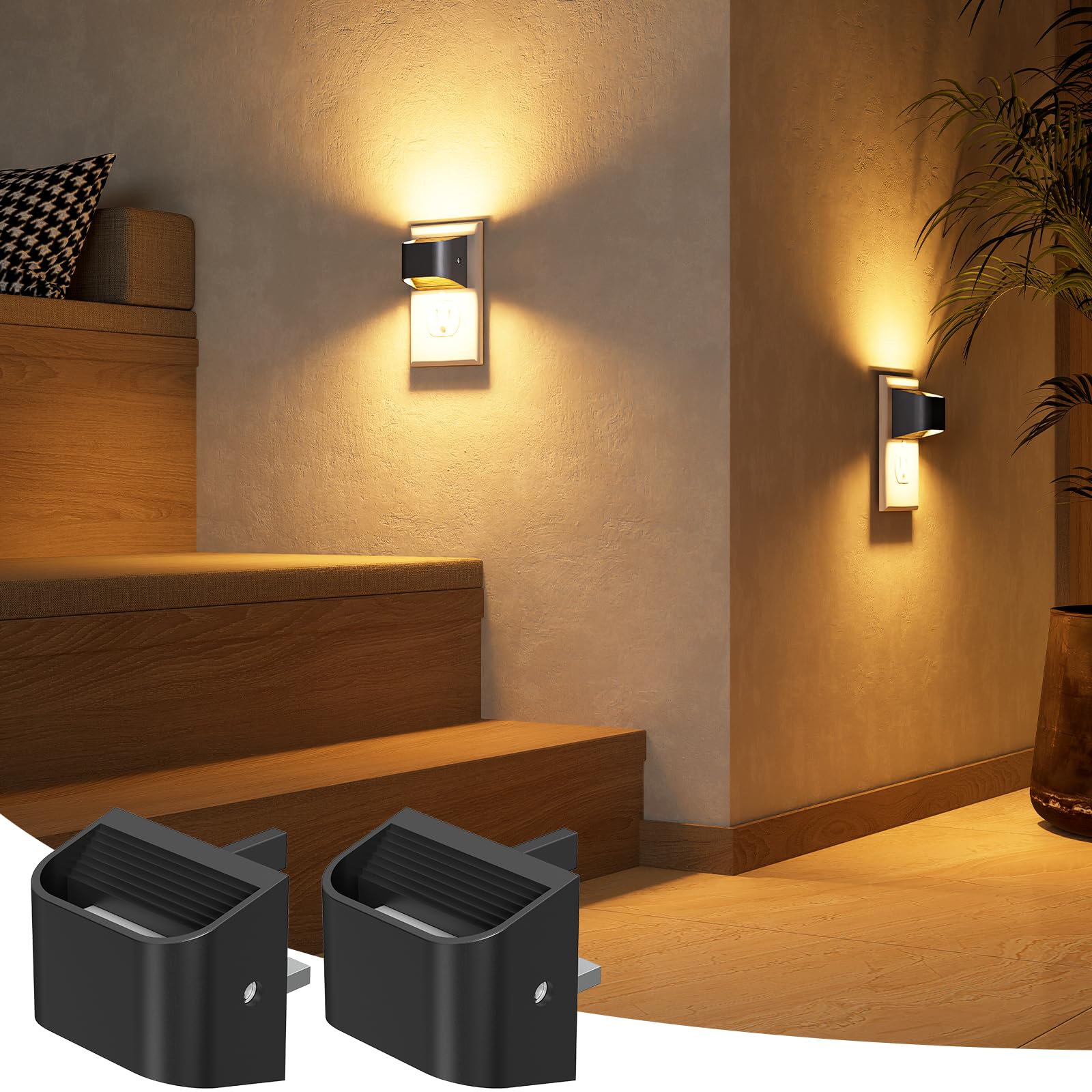 NIORSUN Plug in Night Light, Auto Brightness Sensor Night Light, 3000K Warm White, Dusk to Dawn Sensor Led Night Light,Ultra-Slim Wall Light for Hallway Bathroom Bedroom Stairs, 2 Pack, Black