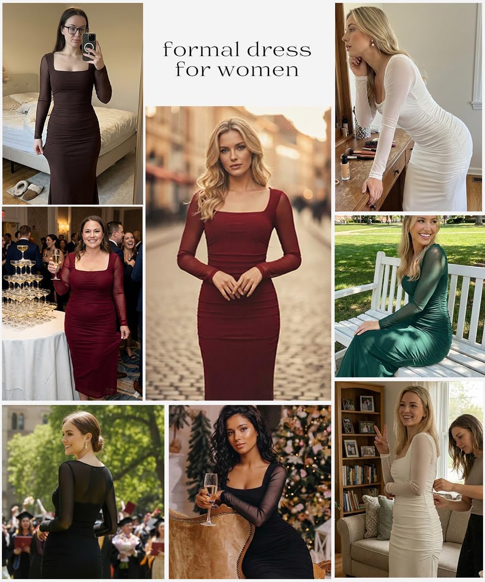 Narecte Womens Formal Dresses Mesh Ruched Maxi Dress Square Neck Long Sleeve Bodycon Fall Wedding Guest Cocktail Dress - Image 7