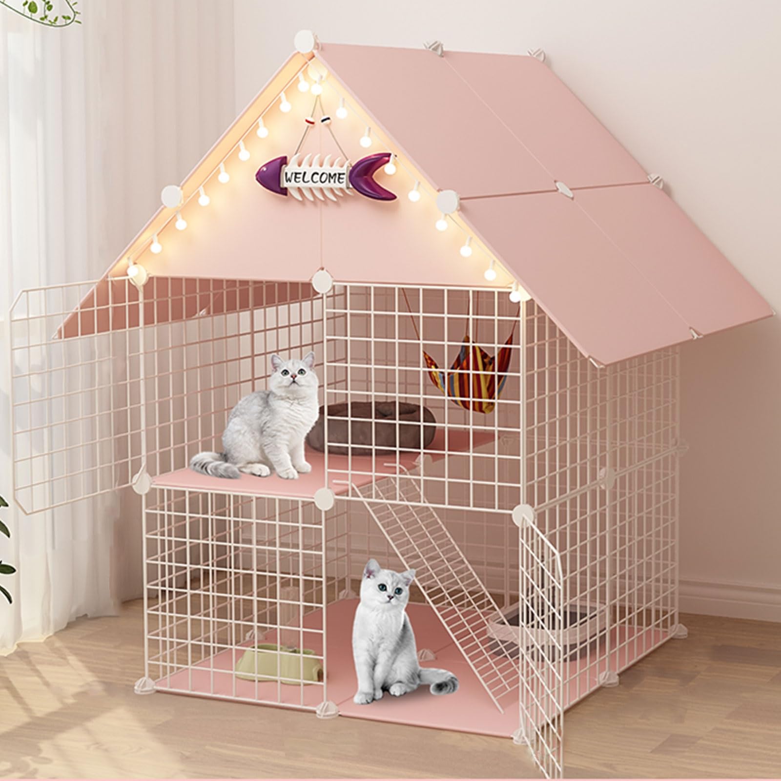 Caseta Grande para Gatos de Interior de 2 Niveles, casa para Gatos DIY, condominio Desmontable para 1 o 2 Gatos (Rosa)