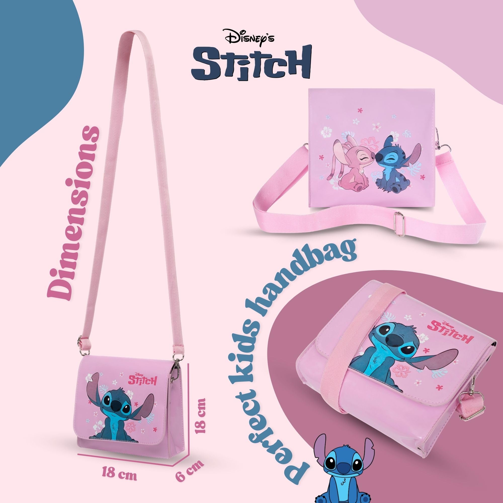 Disney Stitch & Angel Sac à main à bandoulière rose pour filles – Film officiel Lilo & Stitch | Joli sac à bandoulière pour enfants et adolescents | Cadeaux pour filles | Longue bandoulière réglable