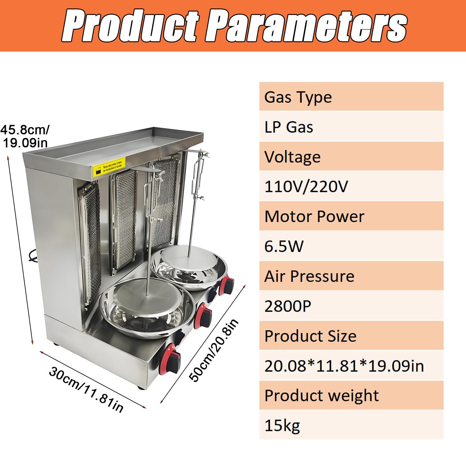 Máquina casera para shawarma de Pollo, asador Comercial de Pollo Turco para Doner, asador Vertical de propano de mostrador con 3 quemadores para Cocina casera, Restaurante y Fiestas.