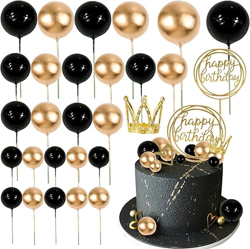 28 bolas de decoración para tartas negras y doradas con corona pequeña y púa de pastel de feliz cumpleaños, inserto de bricolaje para boda, fiesta