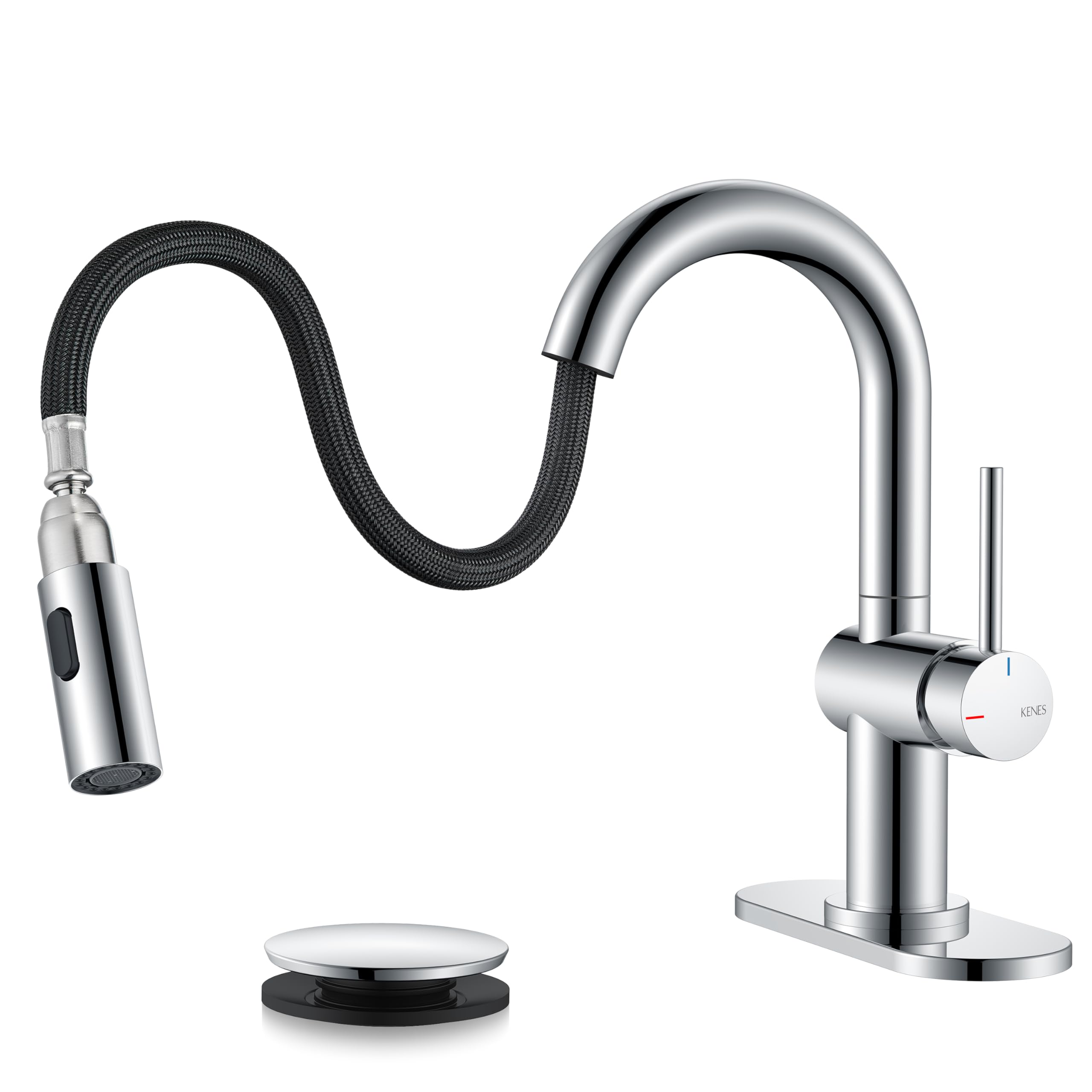 Photo 1 of KENES Pull Out Bathroom Sink Faucet, Polished Chrome Single Handle Bathroom Faucet with Pull Down Sprayer, Vanity Bar Faucet with Pop Up Drain & Deck Plate, KE-9065B-5