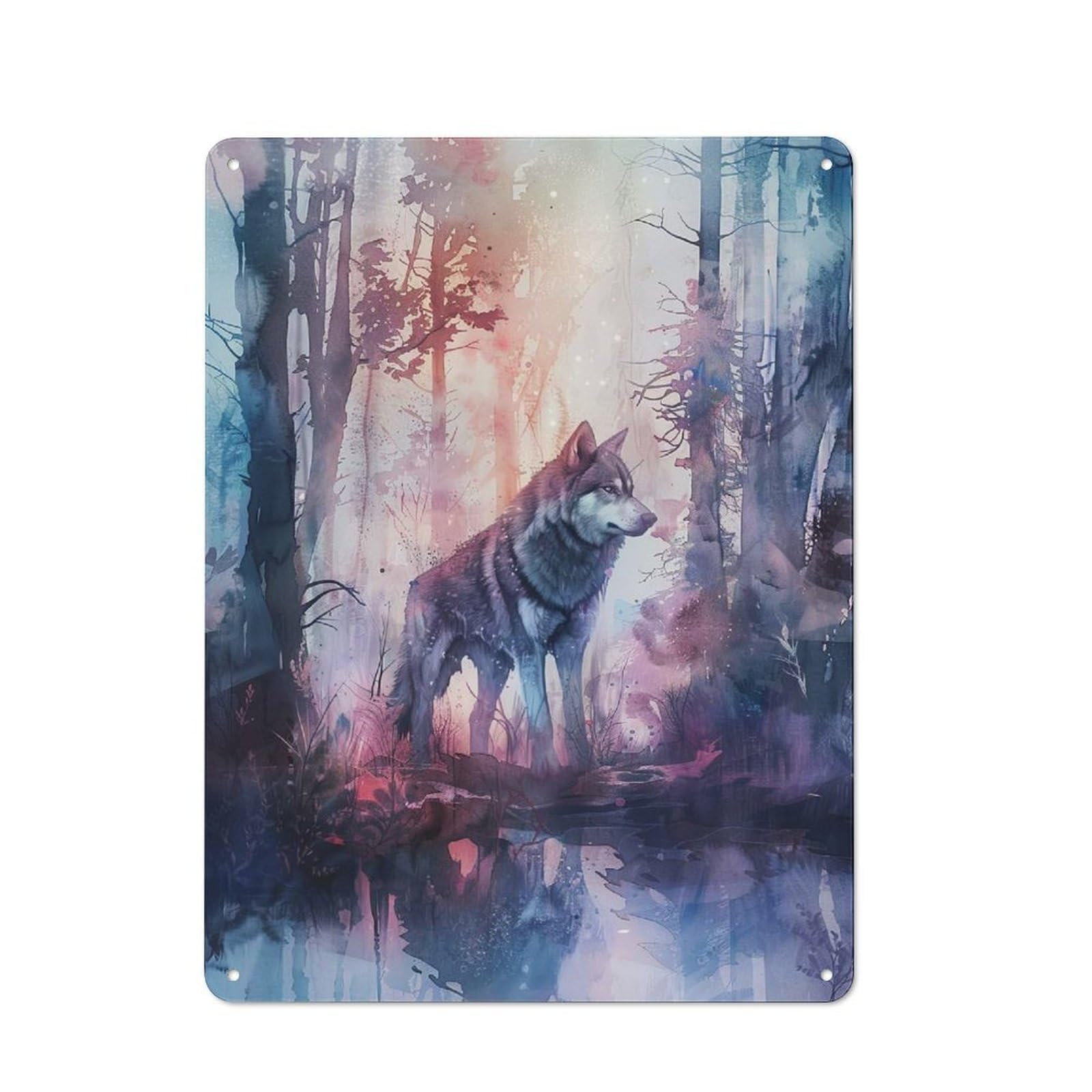 Classic Wolf in Misty Forest Metal Wall Plaque 40x30cm, Nostalgic Wall Art for Living Room, Hallway, Kitchen Or Cafe